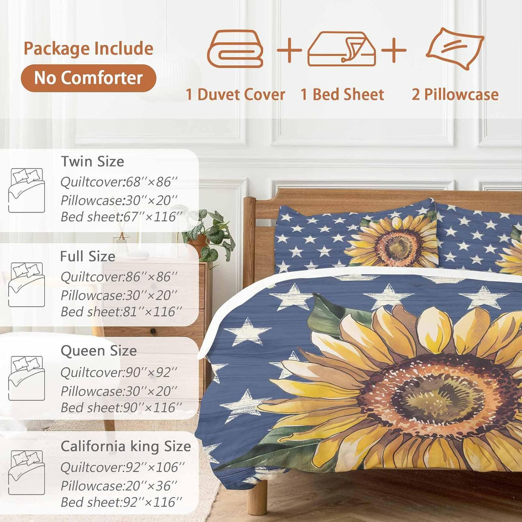 Prime Leader Independence Day Duvet Cover Set Queen Size 4 Pieces Hand Panted Sunflowers Countryside Star Bedding Set with Zipper Closure, 1 Comforter Cover 90x92 Inches 1 Flat Sheet & 2 Pillow Cases