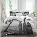 Summer Beach Surf Duvet Cover Set Queen Size 4 Pieces Palm Trees Black And White Surfboard Seaside Bedding Set with Zipper Closure, 1 Comforter Cover 90x92 Inches 1 Flat Sheet & 2 Pillow Cases