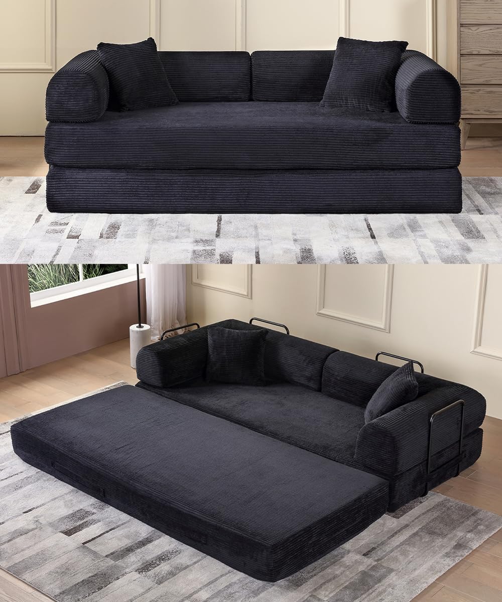 WILLIAMSPACE 77.9' Modern Loveseat Sofa Fold-Out Sofa Bed, Convertible Chair Floor Couch with Removable Backrest, Comfy Sofa Folding Mattress Couch Bed for Living Room, Bedroom, Corduroy, Black