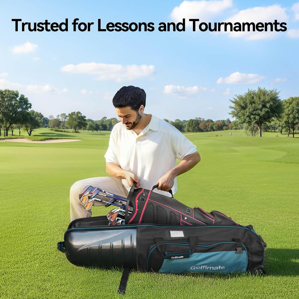Golf Travel Bags for Airlines with Carbon Fiber Hard Top, Protective Club Traveling Cover with Wheel, Golf Club Carrier Case for Airplanes, Thick Padding, Durable Zippers and 2 Sided Spacious Pockets