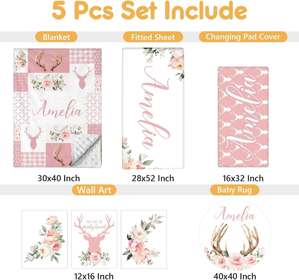 Terwex Personalized Baby Crib Bedding Set, 5 Pcs Custom Name Nursery Bedding Set, Pink Woodland Deer Baby Bedding Set for Girl, Double Layer Baby Crib Sets, Customized Gifts for Toddlers Kids Infants