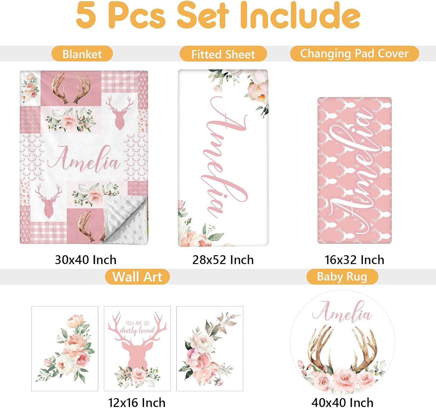 Terwex Personalized Baby Crib Bedding Set, 5 Pcs Custom Name Nursery Bedding Set, Pink Woodland Deer Baby Bedding Set for Girl, Double Layer Baby Crib Sets, Customized Gifts for Toddlers Kids Infants