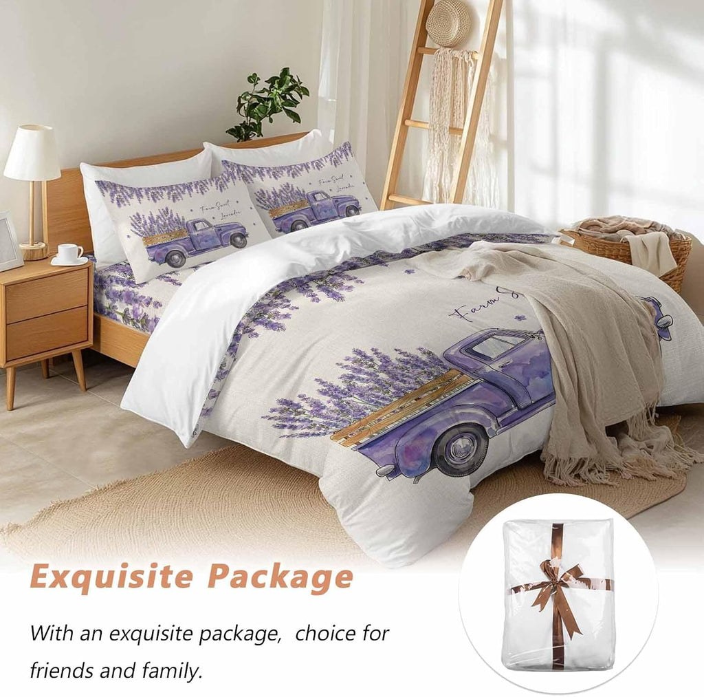 Purple Floral Duvet Cover Set Queen Size 4 Pieces Farm Sweet Lavender Truck Rustic Linen Texture Bedding Set with Zipper Closure, 1 Comforter Cover 86x86 Inches 1 Flat Sheet & 2 Pillow Cases