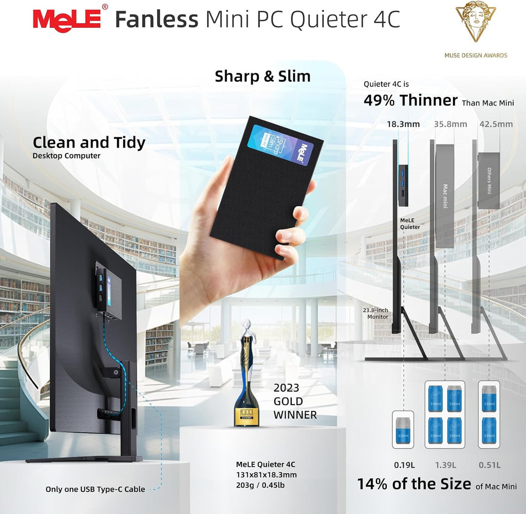 MeLE Mini PC Quieter 4C, N100 Fanless Mini Computers, 32GB LPDDR5 RAM(4800MHz), 512GB SSD, 2.4/5G Wi-Fi, Full-Functional USB-C, 4K Triple Display Desktop on Office, Education, Astrophotography
