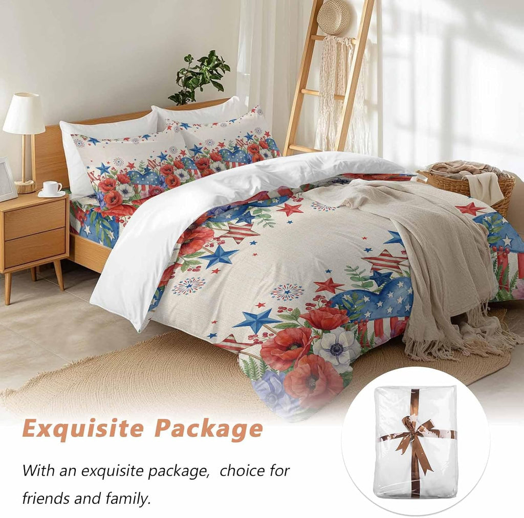 Independence Day Duvet Cover Set Queen Size 4 Pieces Blue Red White Floral Flower Love Heart Retro Bedding Set with Zipper Closure, 1 Comforter Cover 90x92 Inches 1 Flat Sheet & 2 Pillow Cases