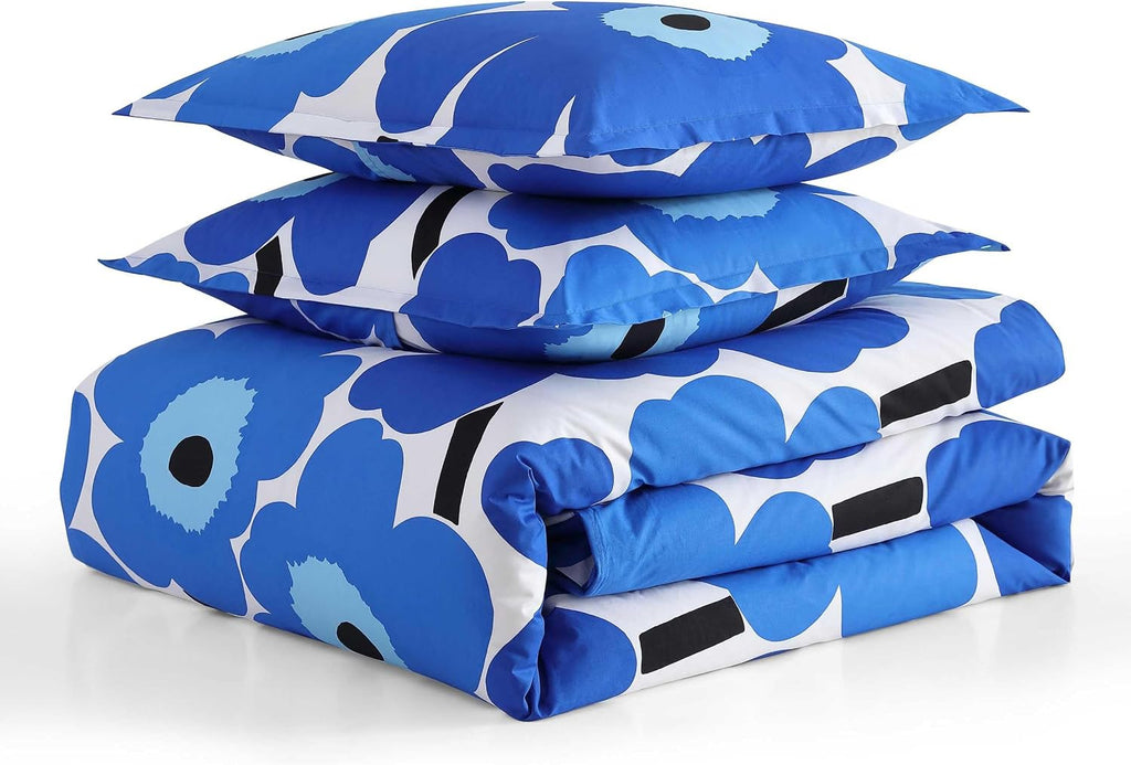 Marimekko - Full/Queen Duvet Cover Set, Cotton Percale Reversible Bedding with Matching Shams, Floral Home Decor (Unikko Blue, Full/Queen)