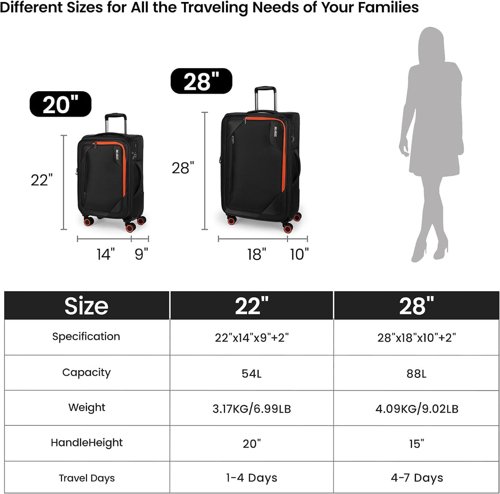 2-Piece Set (22in/28)Softside Expandable 20% Luggage w/Spinner Wheels,Front Opening Softside Luggage Sets w/TSA LOCK,Lightweight Durable Rolling Luggage for Men/Women（Black,22in/28in）