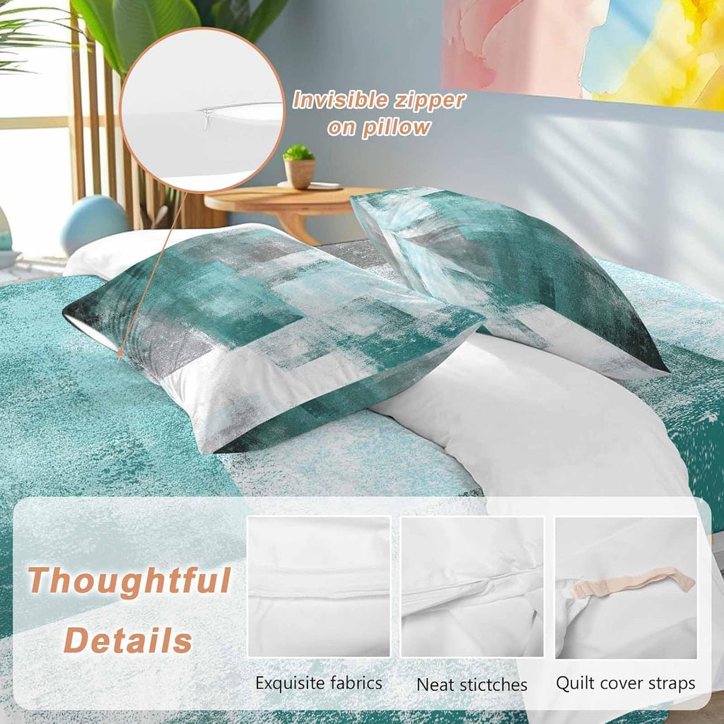 Prime Leader Abstract Art Duvet Cover Set Queen Size 4 Pieces Gradient Turquoise Vintage Minimalist Style Bedding Set with Zipper Closure, 1 Comforter Cover 86x86 Inches 1 Flat Sheet & 2 Pillow Cases
