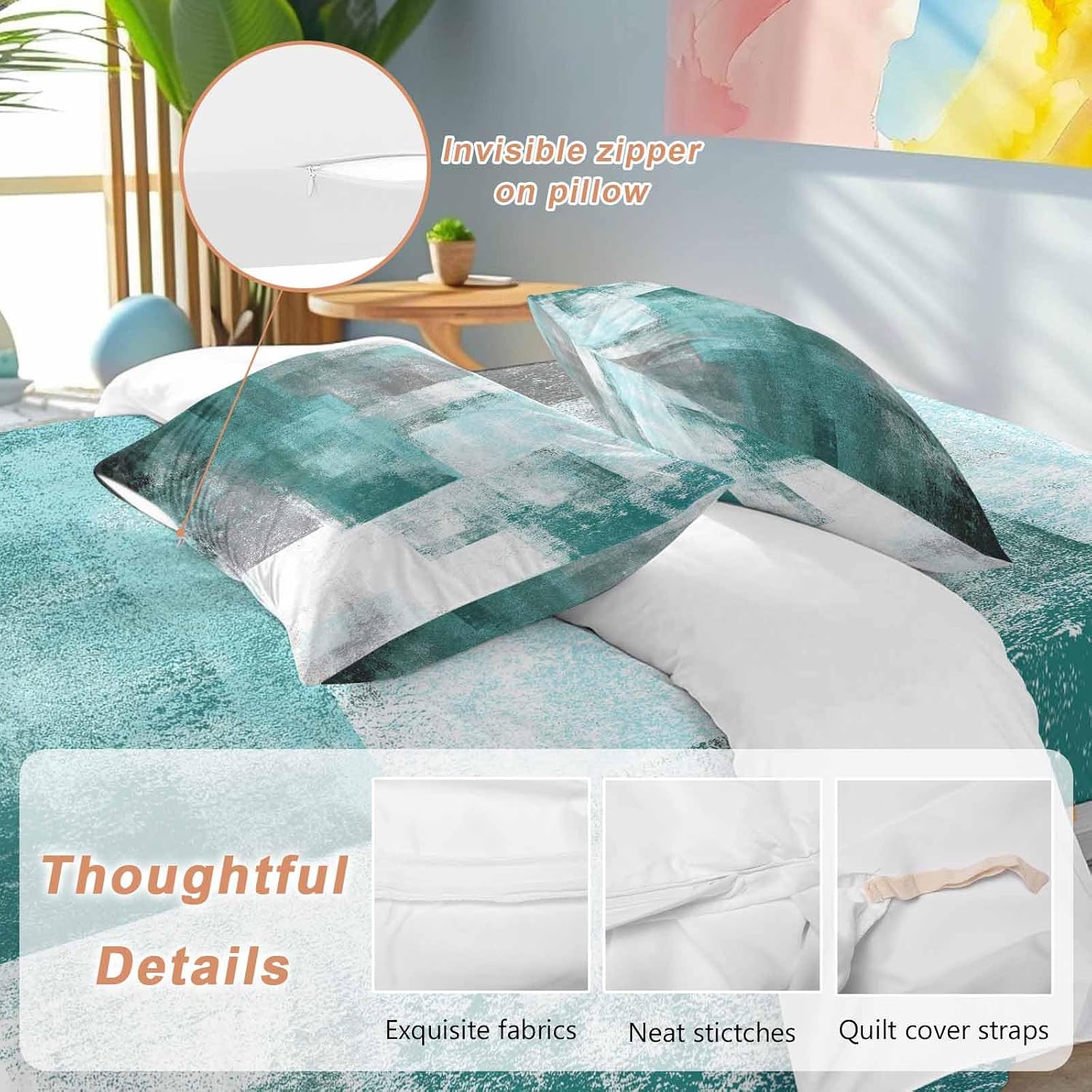 Prime Leader Abstract Art Duvet Cover Set Queen Size 4 Pieces Gradient Turquoise Vintage Minimalist Style Bedding Set with Zipper Closure, 1 Comforter Cover 90x92 Inches 1 Flat Sheet & 2 Pillow Cases