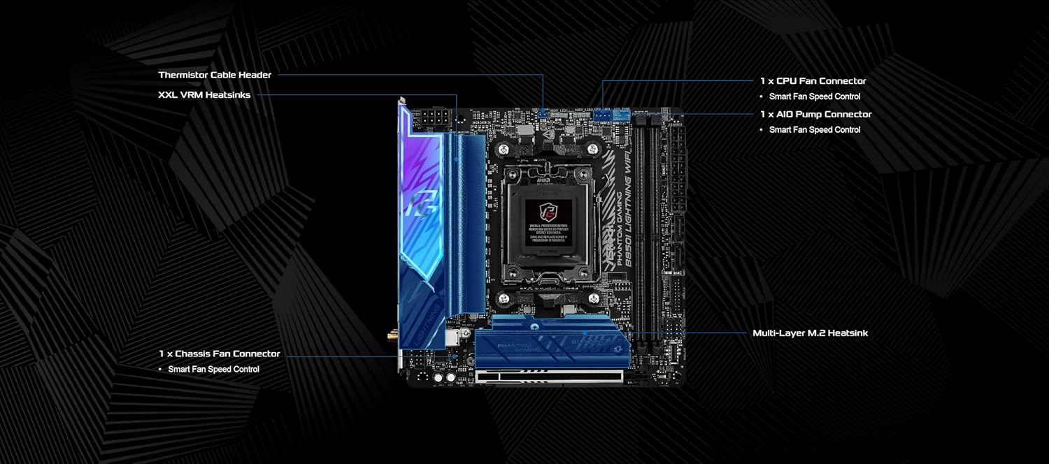 ASRock AMD B850i Lightning WiFi 6E Socket AM5 Ryzen 9000/8000/7000 Series DDR5 8200+ (OC) MHz 128GB Mini ITX Motherboard M.2 SATA3 6.0 Gb/s PCIe 5.0 B850 BIOS Flashback