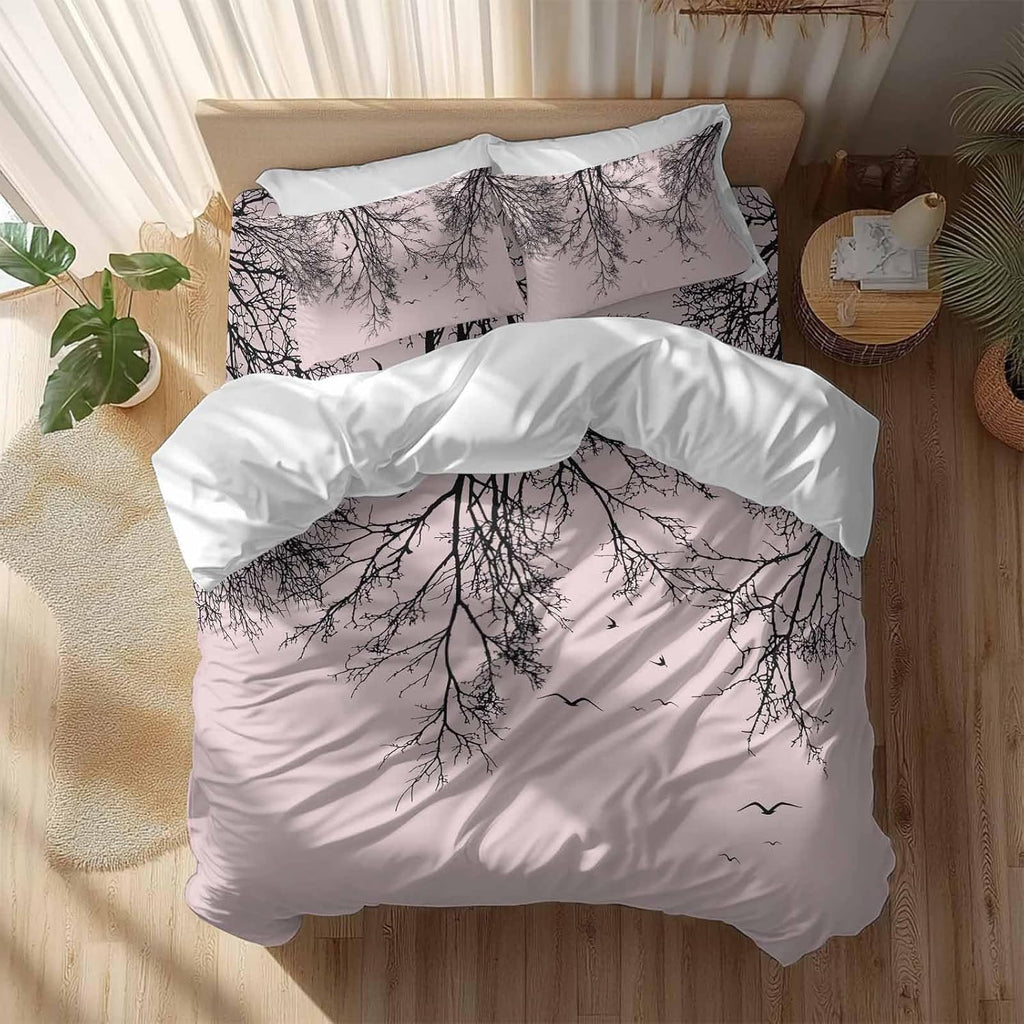Prime Leader Tree Branches Bird Duvet Cover Set Queen Size 4 Pieces Pink Background Black Deadwood Bedding Set with Zipper Closure, 1 Comforter Cover 86x86 Inches 1 Flat Sheet & 2 Pillow Cases