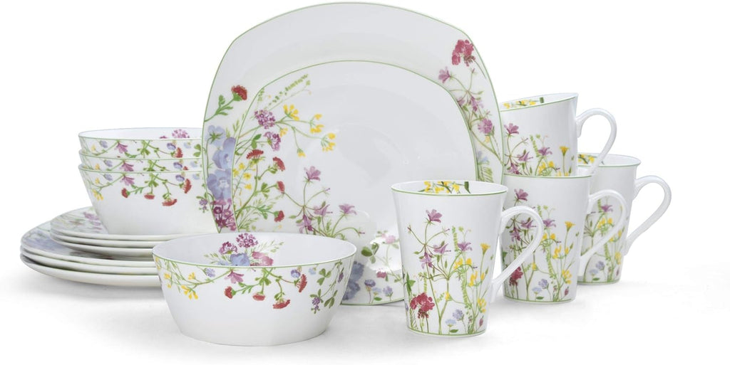 Mikasa Wildflower Garden Dinnerware Set, 16-Piece Bone China Dishes Service for 4, Square Plates and Bowls Set with Mugs, Floral Design, Dishwasher and Microwave Safe