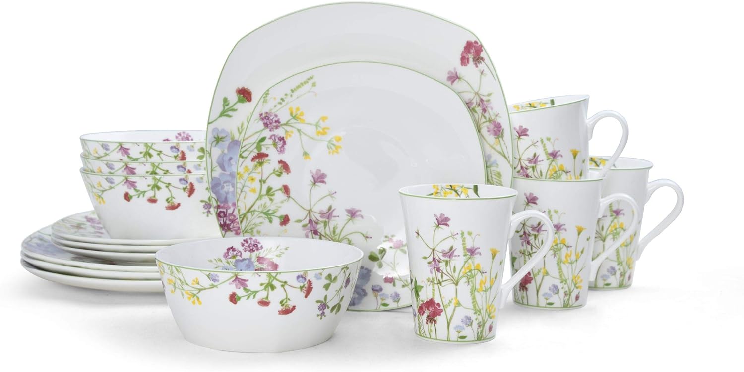 Mikasa Wildflower Garden Dinnerware Set, 16-Piece Bone China Dishes Service for 4, Square Plates and Bowls Set with Mugs, Floral Design, Dishwasher and Microwave Safe