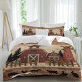 Red Farmhouse Duvet Cover Set Queen Size 4 Pieces Country Farm Barn Cow Pig Chicken Fence Tree Wood Grain Bedding Set with Zipper Closure, 1 Comforter Cover 92x106 Inches 1 Flat Sheet & 2 Pillow Cases
