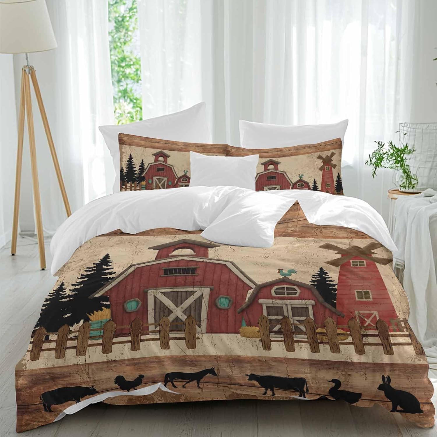 Red Farmhouse Duvet Cover Set Queen Size 4 Pieces Country Farm Barn Cow Pig Chicken Fence Tree Wood Grain Bedding Set with Zipper Closure, 1 Comforter Cover 92x106 Inches 1 Flat Sheet & 2 Pillow Cases