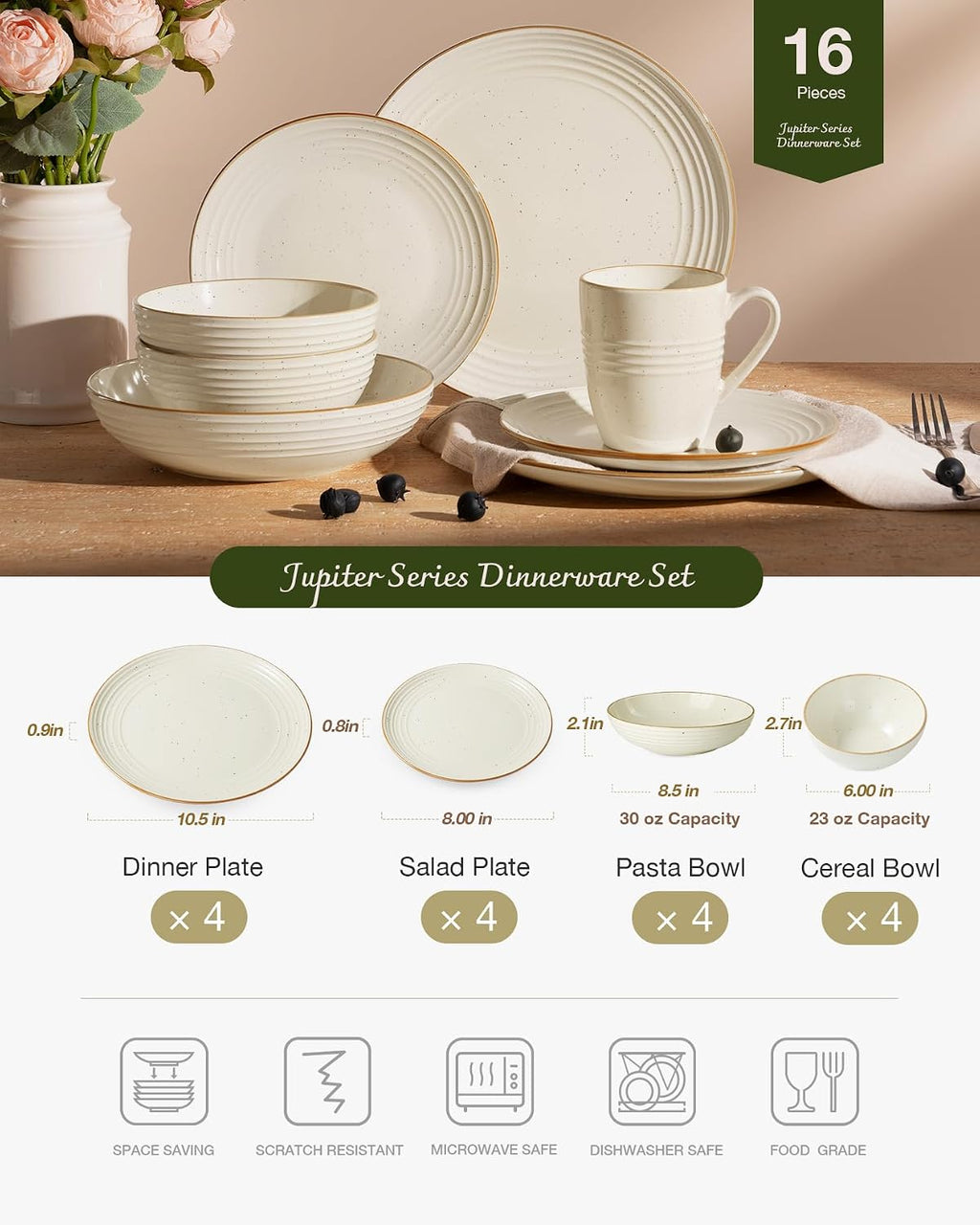 Famiware Jupiter 16-Piece Stoneware Dinnerware Ses - Includes Pasta Bowl & Dinner Plate, Handcrafted Dishes with Speckles & Embossed Swirls, Chip & Scratch Resistant, Service for 4, Vanilla White