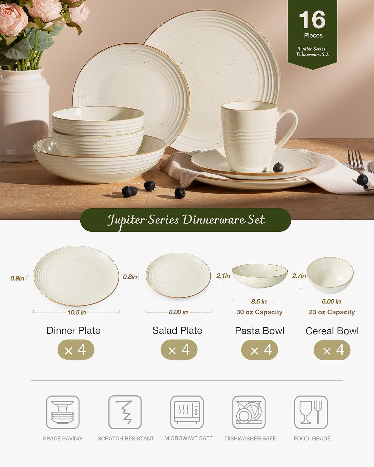 Famiware Jupiter 16-Piece Stoneware Dinnerware Ses - Includes Pasta Bowl & Dinner Plate, Handcrafted Dishes with Speckles & Embossed Swirls, Chip & Scratch Resistant, Service for 4, Vanilla White