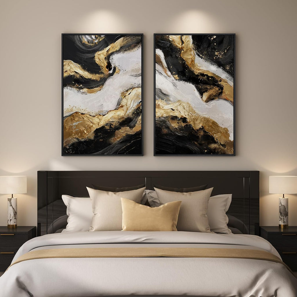Framed Gold Abstract Wall Art Set of 2 for Living Room, Large Black White Modern Luxury Canvas Artwork for Walls, Contemporary Flow Marble Motifs Painting Print Wall Decor for Bedroom Office, 24x36 In