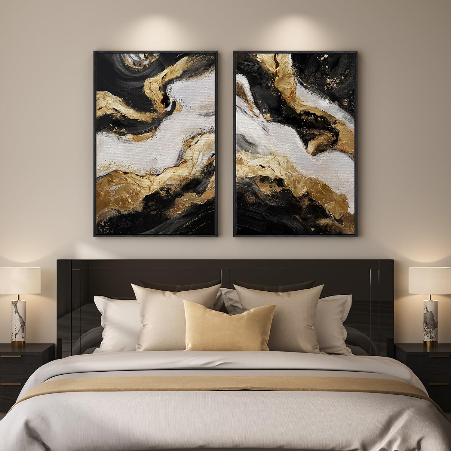 Framed Gold Abstract Wall Art Set of 2 for Living Room, Large Black White Modern Luxury Canvas Artwork for Walls, Contemporary Flow Marble Motifs Painting Print Wall Decor for Bedroom Office, 24x36 In