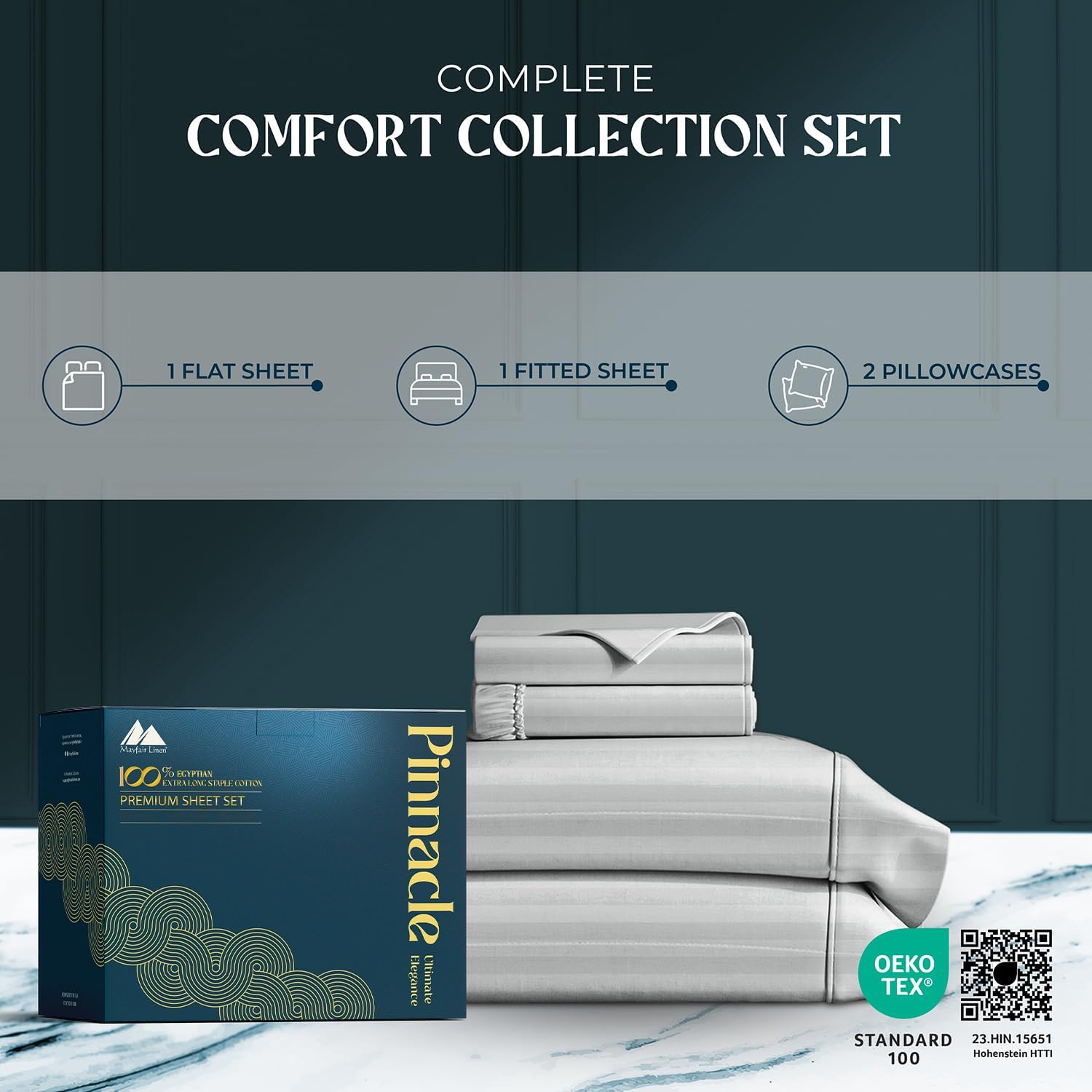 Mayfair Linen 100% Egyptian Cotton Sheets King Size - 1500 Series King Size Sheets Set Egyptian Cotton, Luxury Bedsheet (Light Grey, 4 PC), Soft, Cooling, 17' Deep Pocket Sateen Weave Bedsheet Set