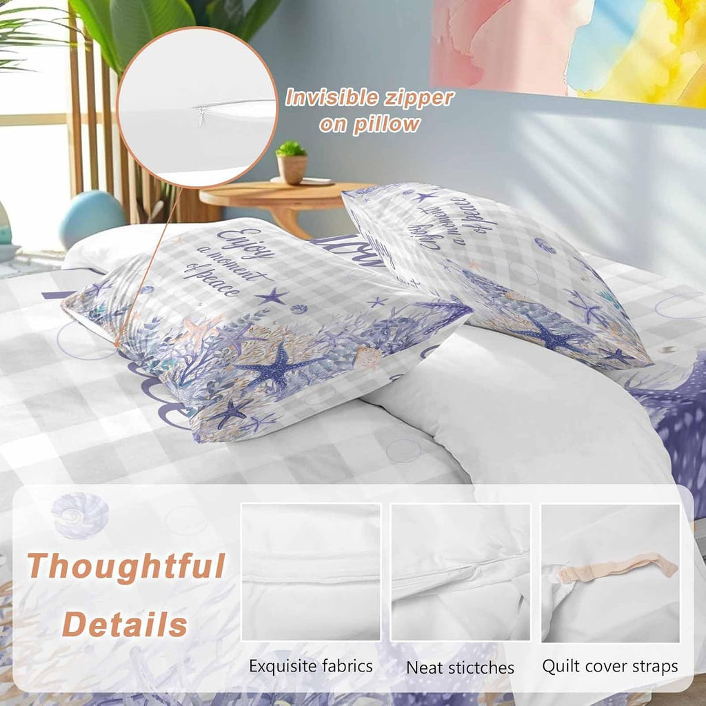 Purple Ocean Duvet Cover Set Queen Size 4 Pieces Enjoy A Moment of Peace Beach Starfish Shell Gray Plaid Bedding Set with Zipper Closure, 1 Comforter Cover 90x92 Inches 1 Flat Sheet & 2 Pillow Cases