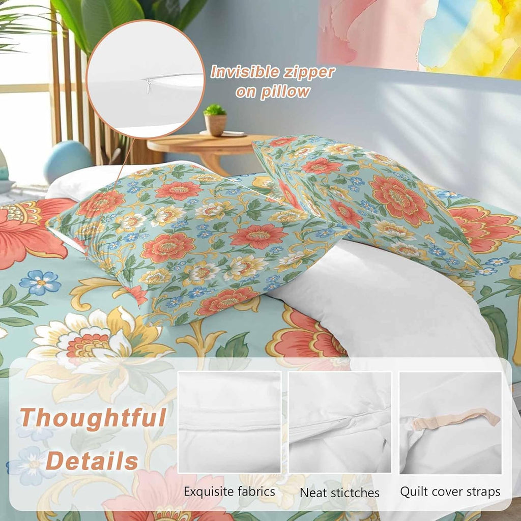 Embroidery Floral Duvet Cover Set Queen Size 4 Pieces Country Oriental Traditional Flower Red Teal Bedding Set with Zipper Closure, 1 Comforter Cover 92x106 Inches 1 Flat Sheet & 2 Pillow Cases
