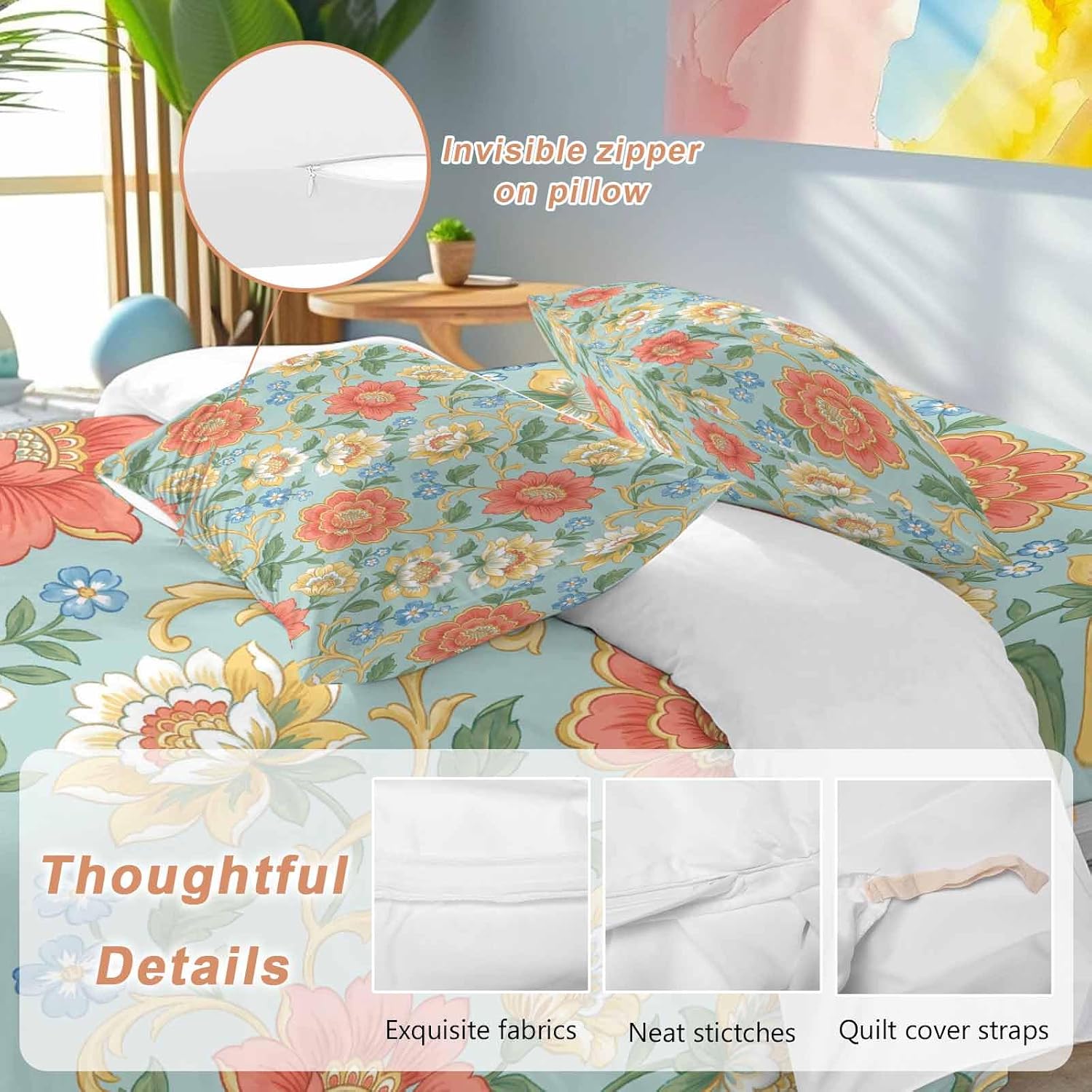 Embroidery Floral Duvet Cover Set Queen Size 4 Pieces Country Oriental Traditional Flower Red Teal Bedding Set with Zipper Closure, 1 Comforter Cover 92x106 Inches 1 Flat Sheet & 2 Pillow Cases