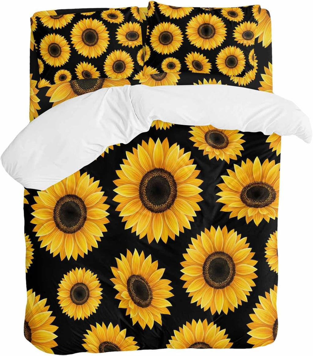 Yellow Sunflowers Duvet Cover Set Queen Size 4 Pieces Black Background Abstract Vintage Floral Bedding Set with Zipper Closure, 1 Comforter Cover 86x86 Inches 1 Flat Sheet & 2 Pillow Cases