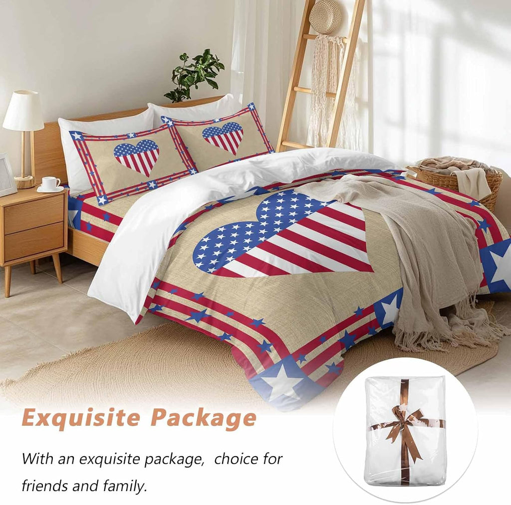 Prime Leader Happy 4th Duvet Cover Set Queen Size 4 Pieces of July USA Flag Love Heart Retro Linen Bedding Set with Zipper Closure, 1 Comforter Cover 86x86 Inches 1 Flat Sheet & 2 Pillow Cases