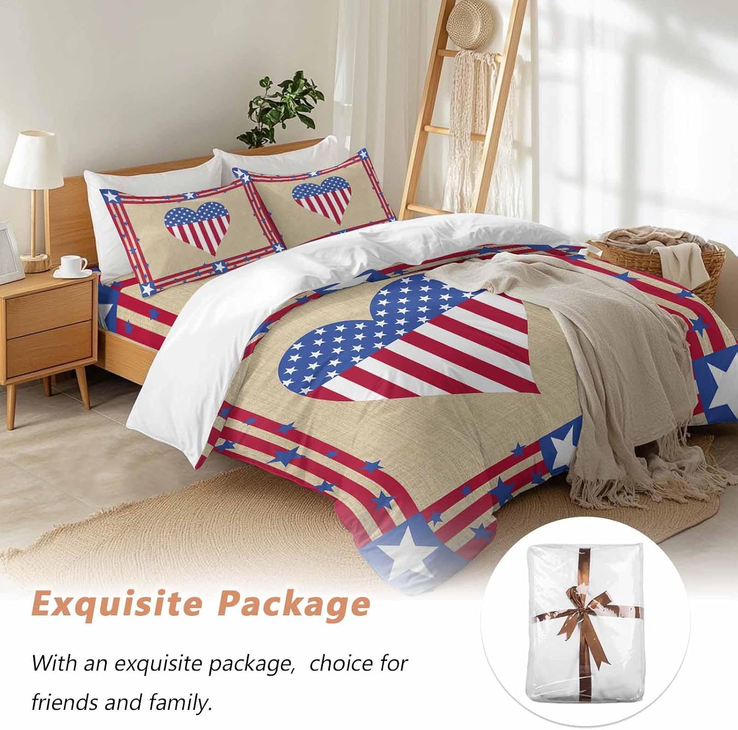 Prime Leader Happy 4th Duvet Cover Set Queen Size 4 Pieces of July USA Flag Love Heart Retro Linen Bedding Set with Zipper Closure, 1 Comforter Cover 86x86 Inches 1 Flat Sheet & 2 Pillow Cases