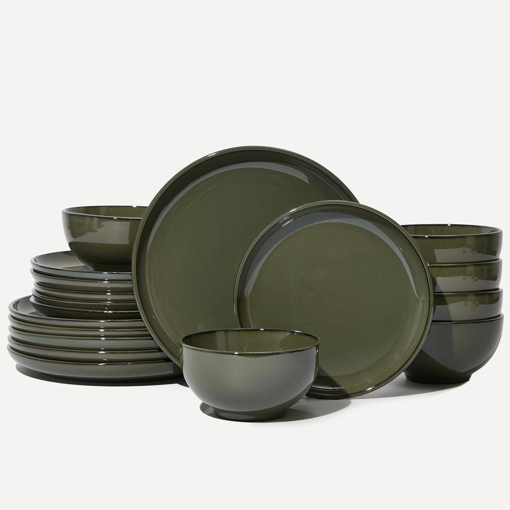 Pokini 18 Piece Dinnerware Set for 6, Reactive Glaze Terracotta Plates and Bowls Set, Large Family-Sized Stoneware Dish Set for Gatherings, Chip and Scratch Resistant, Blackish Green