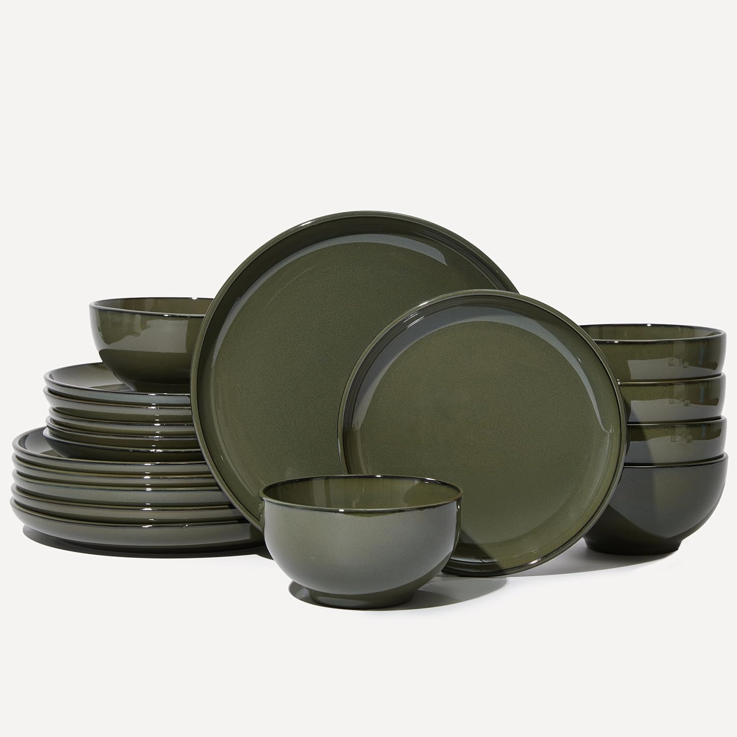 Pokini 18 Piece Dinnerware Set for 6, Reactive Glaze Terracotta Plates and Bowls Set, Large Family-Sized Stoneware Dish Set for Gatherings, Chip and Scratch Resistant, Blackish Green