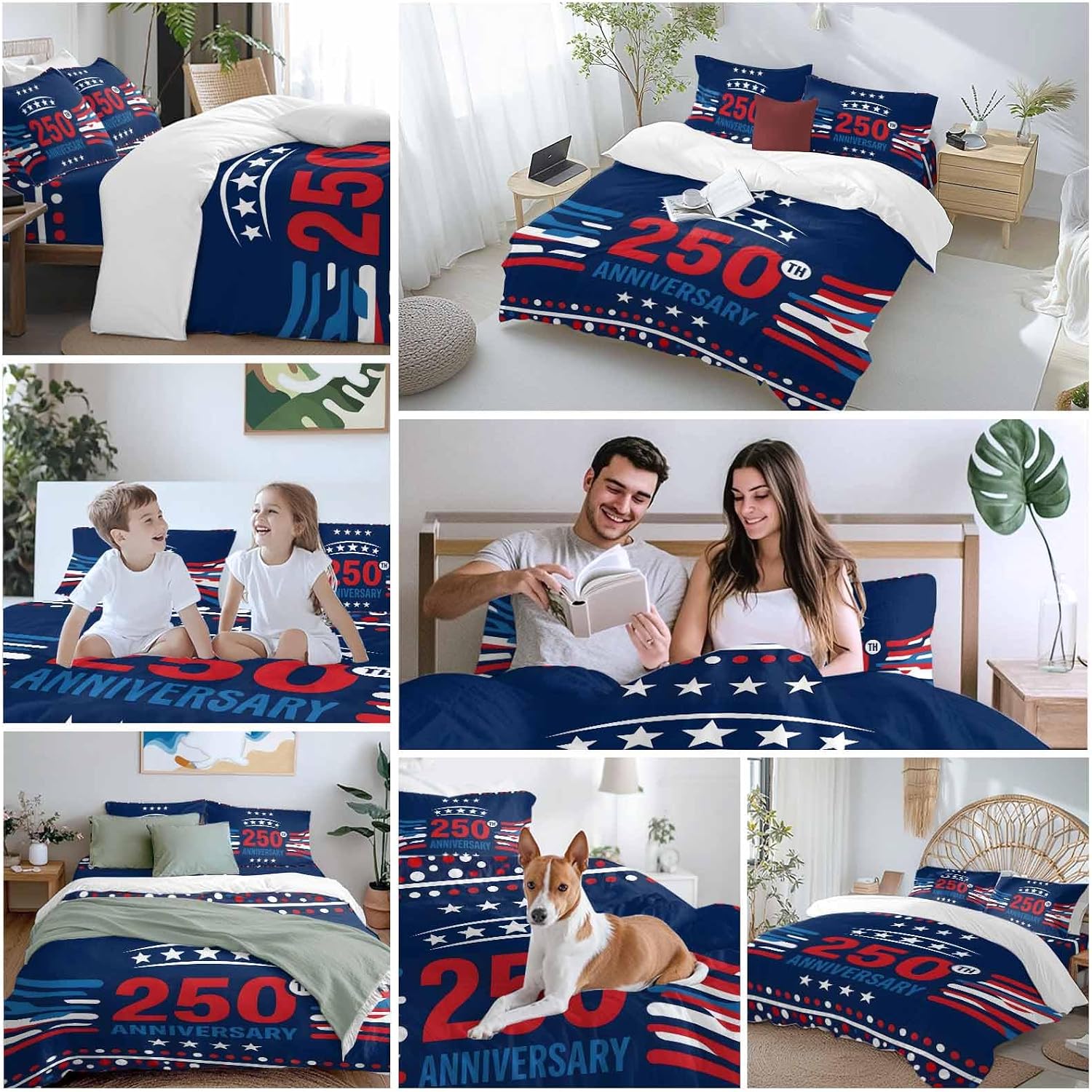 USA 250th Anniversary Duvet Cover Set Queen Size 4 Pieces Polka Dots Star Independence Day Navy Blue Bedding Set with Zipper Closure, 1 Comforter Cover 90x92 Inches 1 Flat Sheet & 2 Pillow Cases