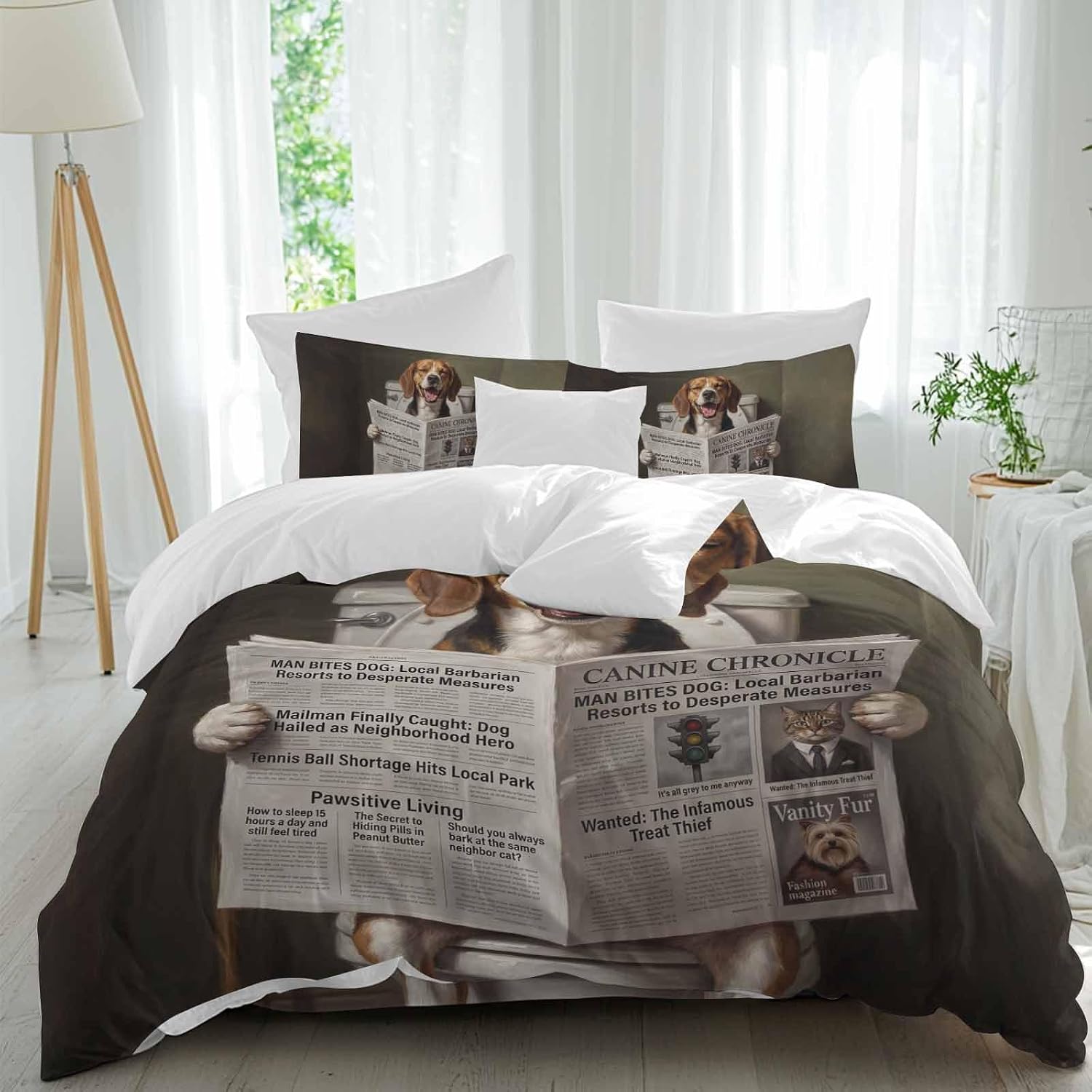 Prime Leader Funny Dog Puppy Duvet Cover Set Queen Size 4 Pieces Cute Beagle Cartoon Newspaper Toilet Bedding Set with Zipper Closure, 1 Comforter Cover 86x86 Inches 1 Flat Sheet & 2 Pillow Cases