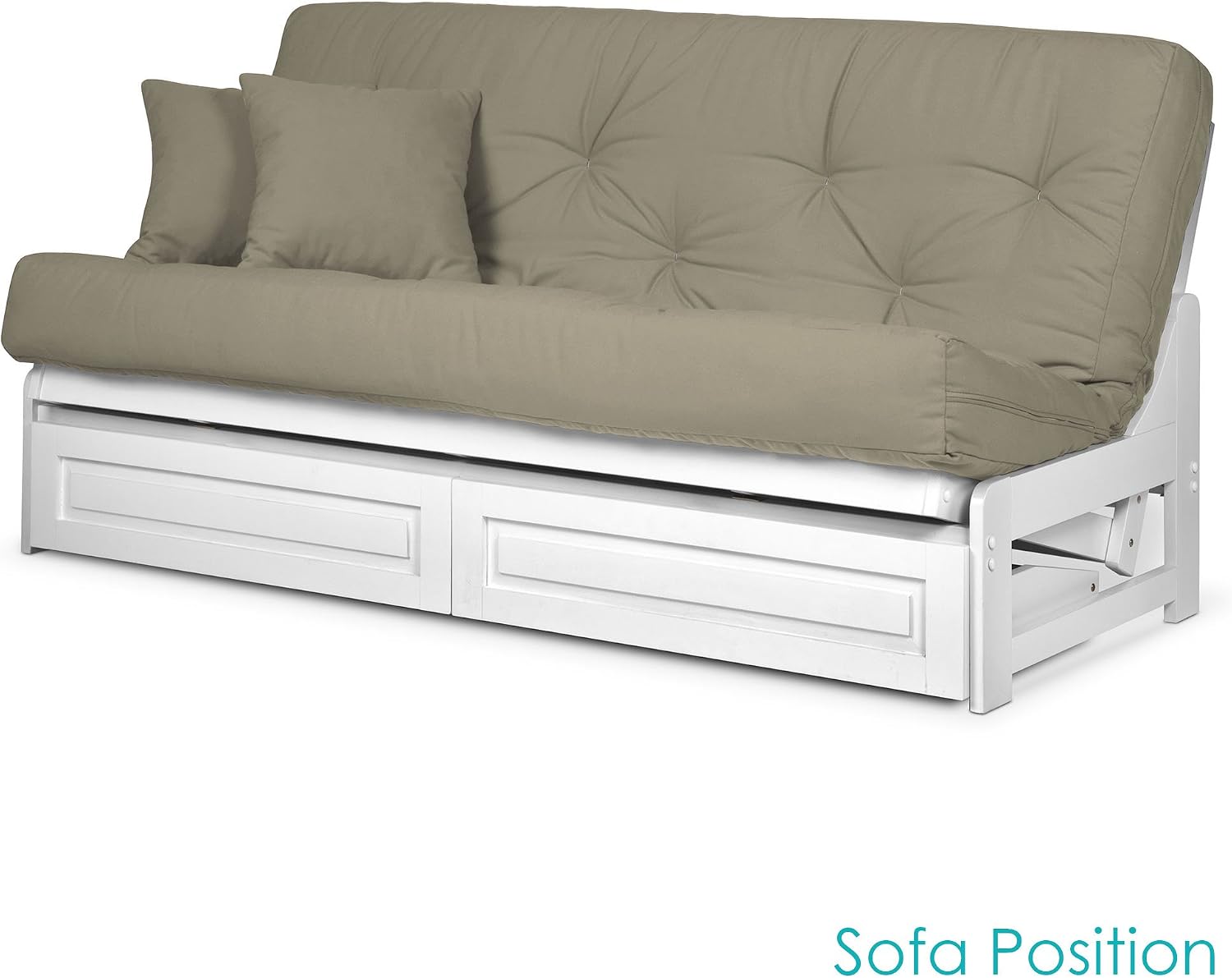 Nirvana Futons Arden White Futon with Storage Drawers Queen Size - Minimalist Armless Design with 8 Inch Comfortable Mattress (Twill Khaki), Sofa Bed Available in