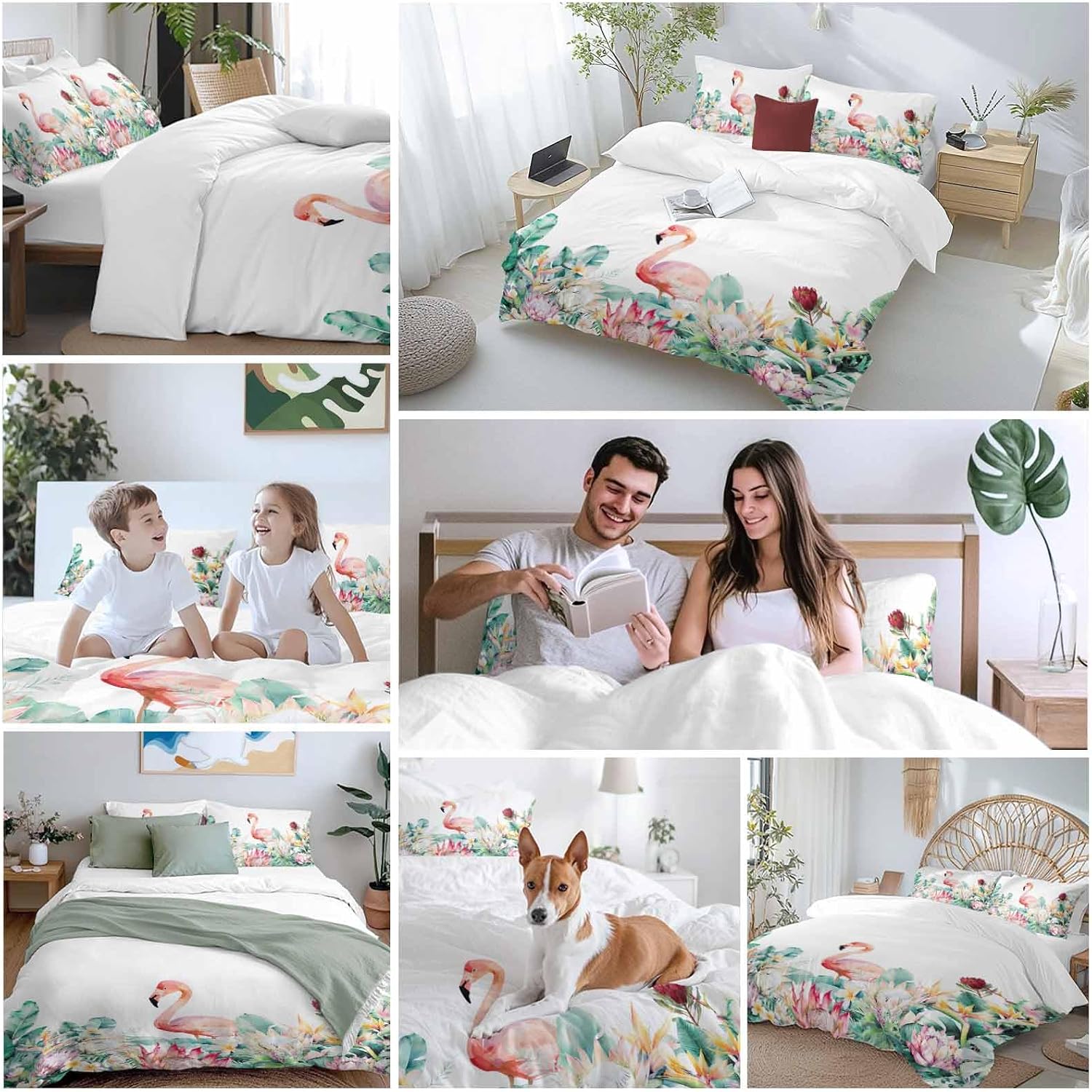 Pastoral Duvet Cover Set Queen Size 4 Pieces Watercolors Green Tropical Floral Plants Flaming Birds Bedding Set with Zipper Closure, 1 Comforter Cover 90x92 Inches 1 Flat Sheet & 2 Pillow Cases