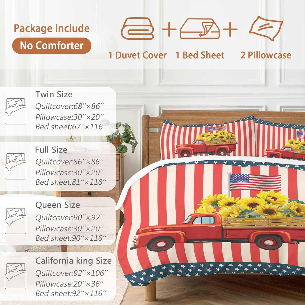 Independence Day Duvet Cover Set Queen Size 4 Pieces Five-Pointed Star U.S. Flag Themed Red Truck Sunflower Bedding Set with Zipper Closure,1 Comforter Cover 86x86 Inches 1 Flat Sheet & 2 Pillow Cases