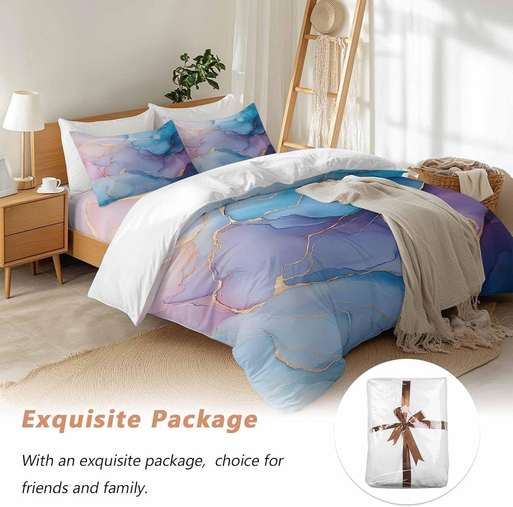 Prime Leader Abstract Impressionist Duvet Cover Set Queen Size 4 Pieces Blue Marble Texture Bedding Set with Zipper Closure, 1 Comforter Cover 86x86 Inches 1 Flat Sheet & 2 Pillow Cases