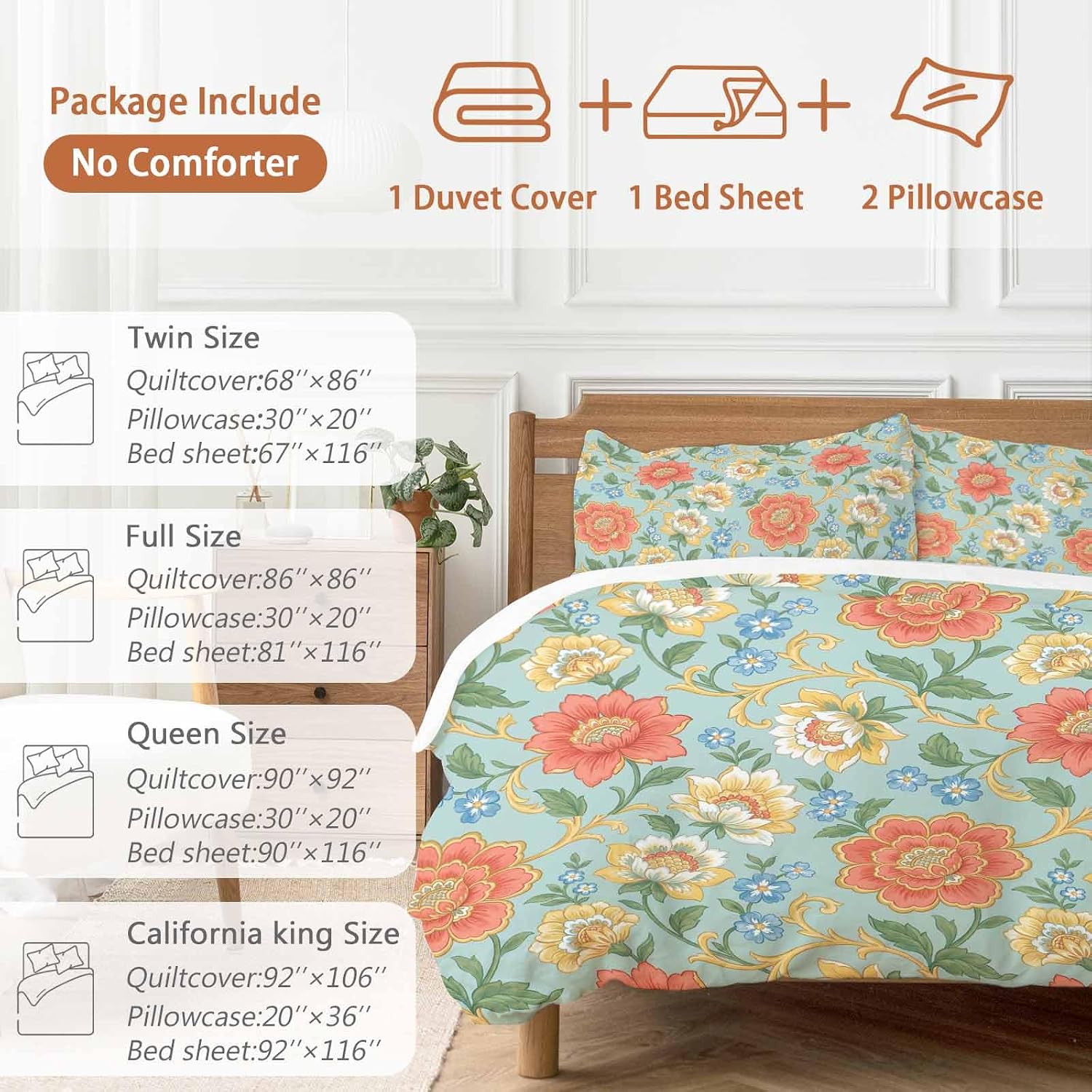 Embroidery Floral Duvet Cover Set Queen Size 4 Pieces Country Oriental Traditional Flower Red Teal Bedding Set with Zipper Closure, 1 Comforter Cover 92x106 Inches 1 Flat Sheet & 2 Pillow Cases