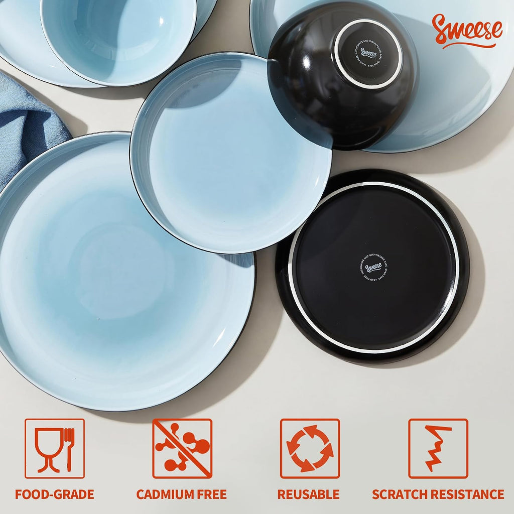 Sweese Porcelain Dinnerware Set of 6, Lightweight Round Plates and Bowls Set - Dishwasher, Microwave, Oven Safe, Scratch Resistant Dinner Sets, Kitchen Dishes Set, Black & Blue