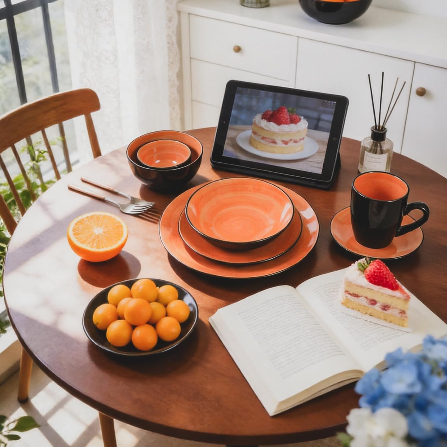 Stoneware Sonoma 56pc Dinnerware Set, Black + Speckled Spin Wash Orange