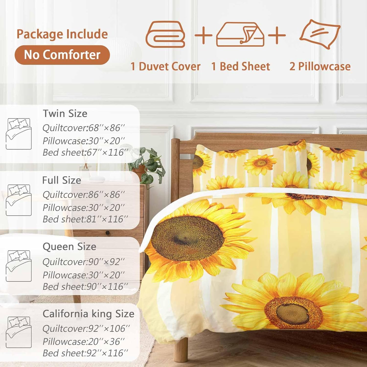 Prime Leader Sunflower Duvet Cover Set Queen Size 4 Pieces Yellow Floral Yellow Watercolor Strip Summer Bedding Set with Zipper Closure, 1 Comforter Cover 92x106 Inches 1 Flat Sheet & 2 Pillow Cases