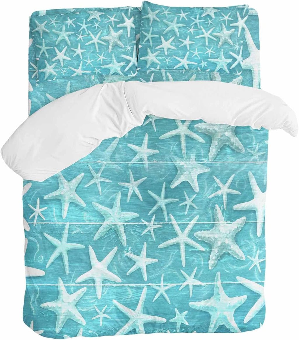 Summer Duvet Cover Set Queen Size 4 Pieces Coastal Watercolor Teal White Sea Starfish Wood Grain Bedding Set with Zipper Closure, 1 Comforter Cover 92x106 Inches 1 Flat Sheet & 2 Pillow Cases
