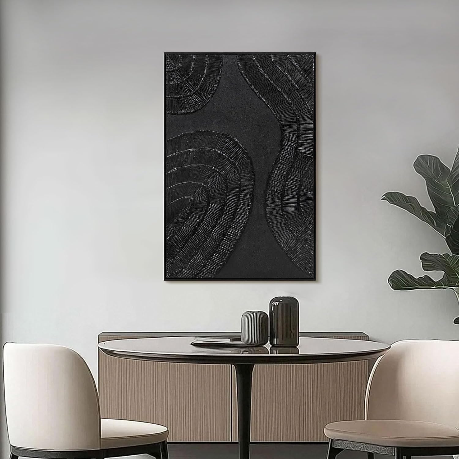 Textured 3D Abstract Hand-Painted Wall Art Large Black Thick Texture Minimalist Wall Art - 3D Contemporary Dimensional Home Office Living Room Modern Wall Decor Framed - 24'x36'