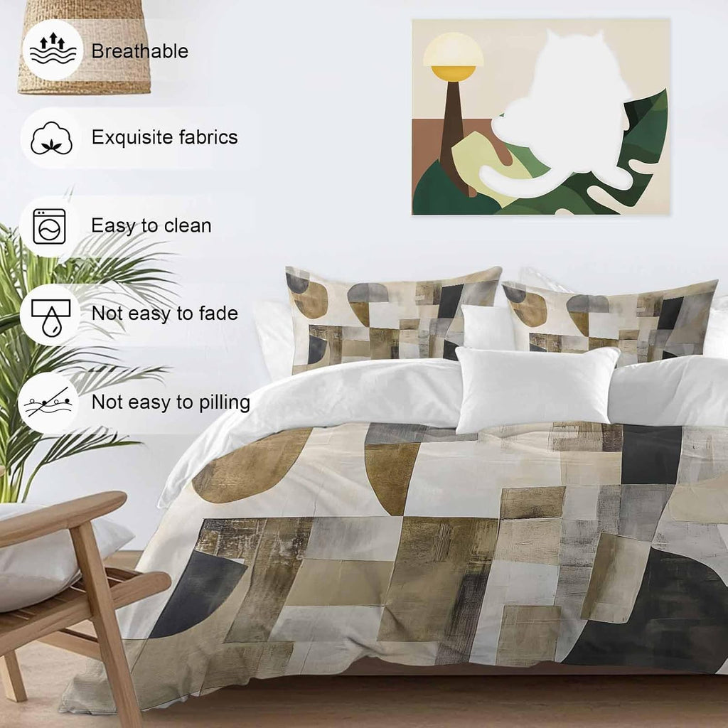 Prime Leader Abstract Duvet Cover Set Queen Size 4 Pieces Brown Black Color Block Geometric Contemporary Bedding Set with Zipper Closure, 1 Comforter Cover 92x106 Inches 1 Flat Sheet & 2 Pillow Cases