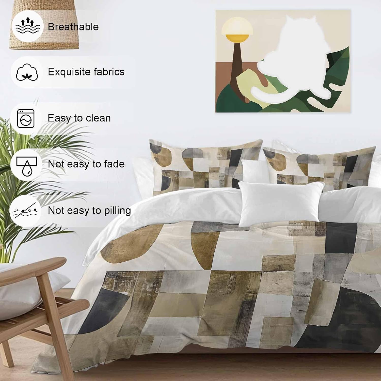 Prime Leader Abstract Duvet Cover Set Queen Size 4 Pieces Brown Black Color Block Geometric Contemporary Bedding Set with Zipper Closure, 1 Comforter Cover 92x106 Inches 1 Flat Sheet & 2 Pillow Cases
