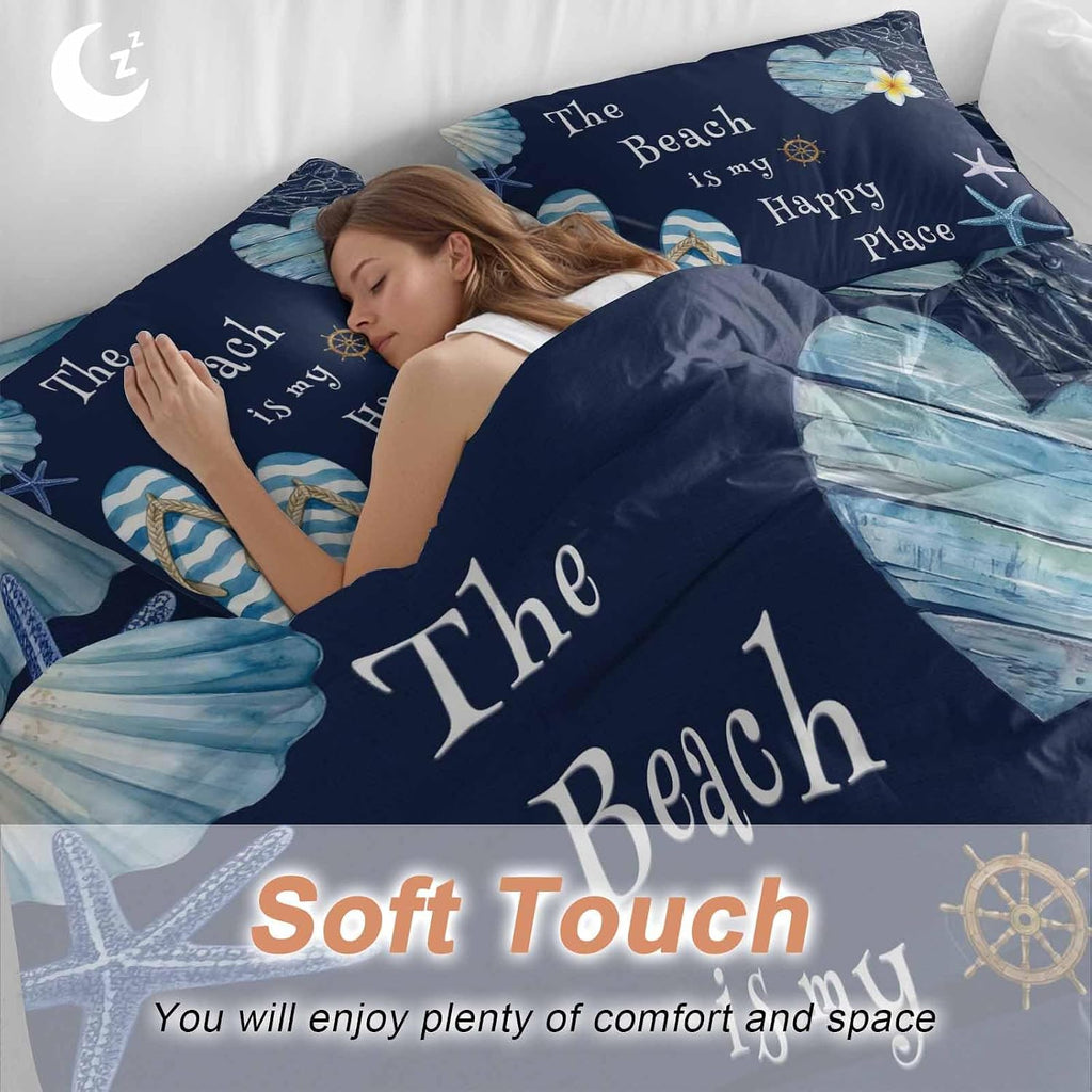 The Beach Is My Happy Place Duvet Cover Set Queen Size 4 Pieces Summer Ocean Blue Slippers Starfish Shell Bedding Set with Zipper Closure, 1 Comforter Cover 86x86 Inches 1 Flat Sheet & 2 Pillow Cases