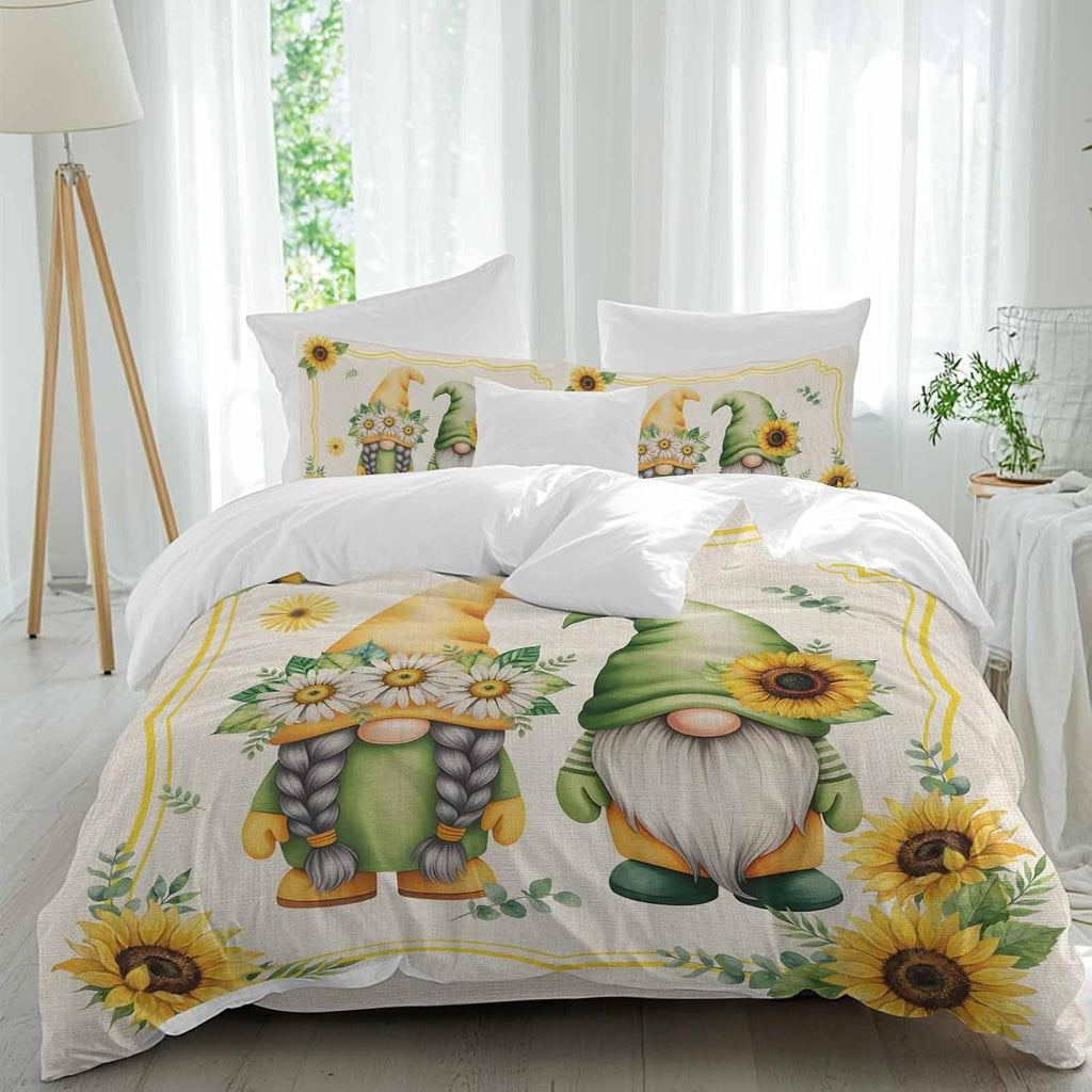 Prime Leader Summer Dwarfs Duvet Cover Set Queen Size 4 Pieces Yellow Sunflower Daisy Field Plant Vintage Bedding Set with Zipper Closure, 1 Comforter Cover 90x92 Inches 1 Flat Sheet & 2 Pillow Cases