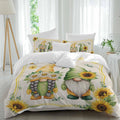 Prime Leader Summer Dwarfs Duvet Cover Set Queen Size 4 Pieces Yellow Sunflower Daisy Field Plant Vintage Bedding Set with Zipper Closure, 1 Comforter Cover 90x92 Inches 1 Flat Sheet & 2 Pillow Cases