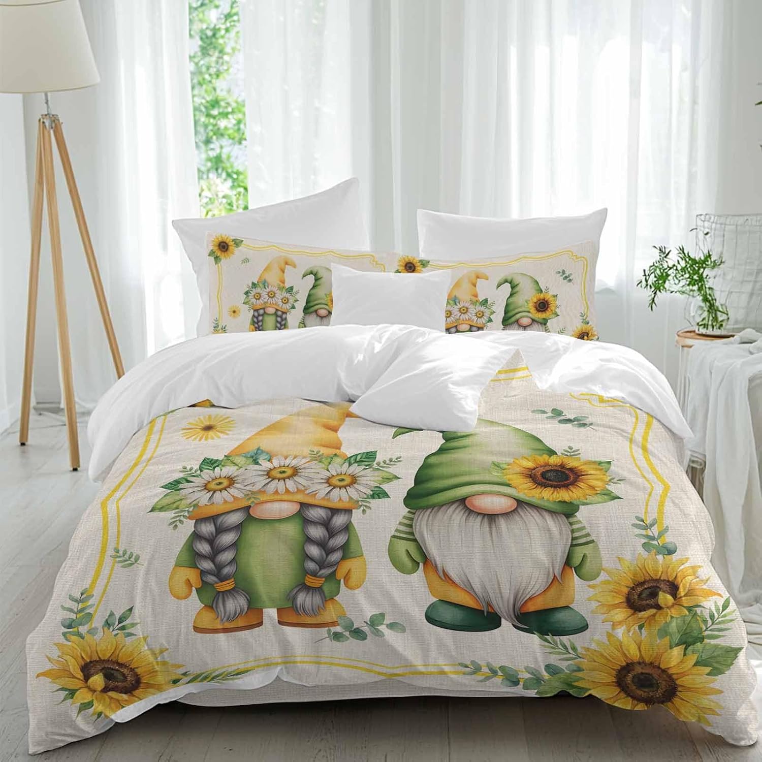 Prime Leader Summer Dwarfs Duvet Cover Set Queen Size 4 Pieces Yellow Sunflower Daisy Field Plant Vintage Bedding Set with Zipper Closure, 1 Comforter Cover 90x92 Inches 1 Flat Sheet & 2 Pillow Cases